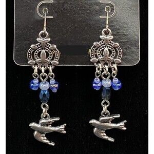 Handmade Sparrow Bird & Blue Glass Bead Chandelier Earrings by Neanie-Bot